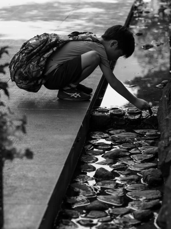 A young boy with a backpack crouches on a stone ledge, reaching down to touch the water in a shallow, rocky stream.