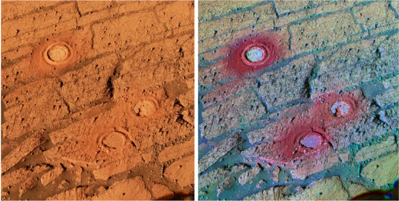 Side-by-side views of a rocky Martian surface showing three circular drill holes, with the right image using false color to highlight mineral composition.