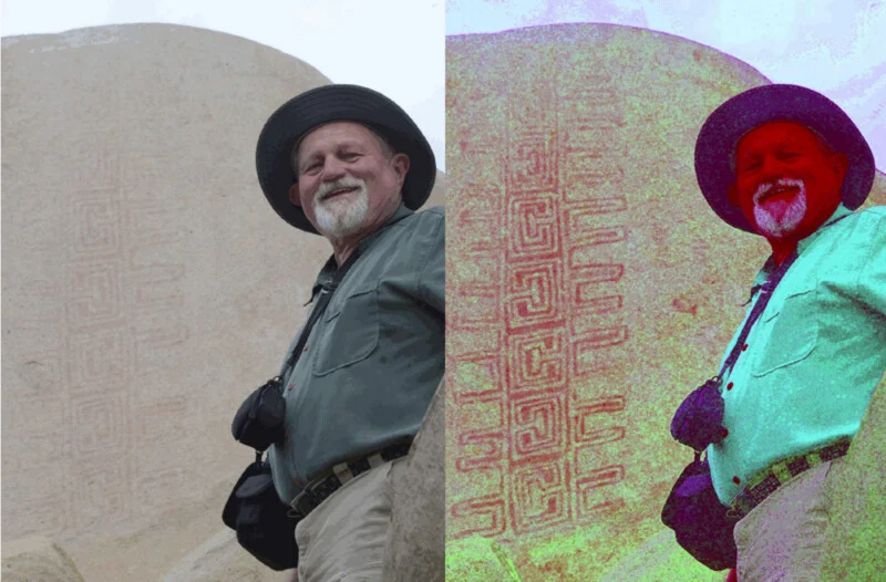 A split-screen view shows a man with a beard and hat standing in front of a rock face with petroglyphs, with the right side featuring a high-contrast, color-inverted filter.