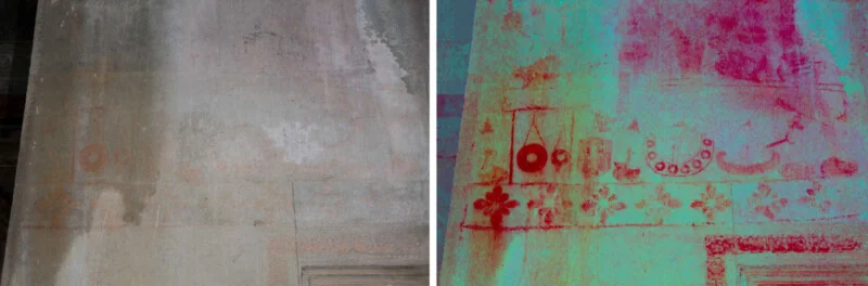 A split-screen view showing a stone wall with faint, weathered red-pigmented carvings on the left, and the same wall on the right with enhanced color contrast highlighting the carvings of circular symbols, floral patterns, and boat-like shapes.