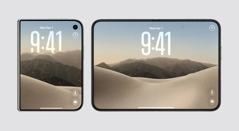 A foldable smartphone shown in both its folded, narrow state and its unfolded, wide-screen state, displaying a desert wallpaper.