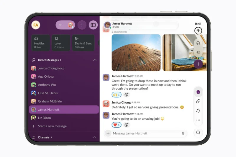 A digital interface on a foldable device showing a messaging app with a sidebar of contacts on the left and a chat thread with James Hartnett on the right.