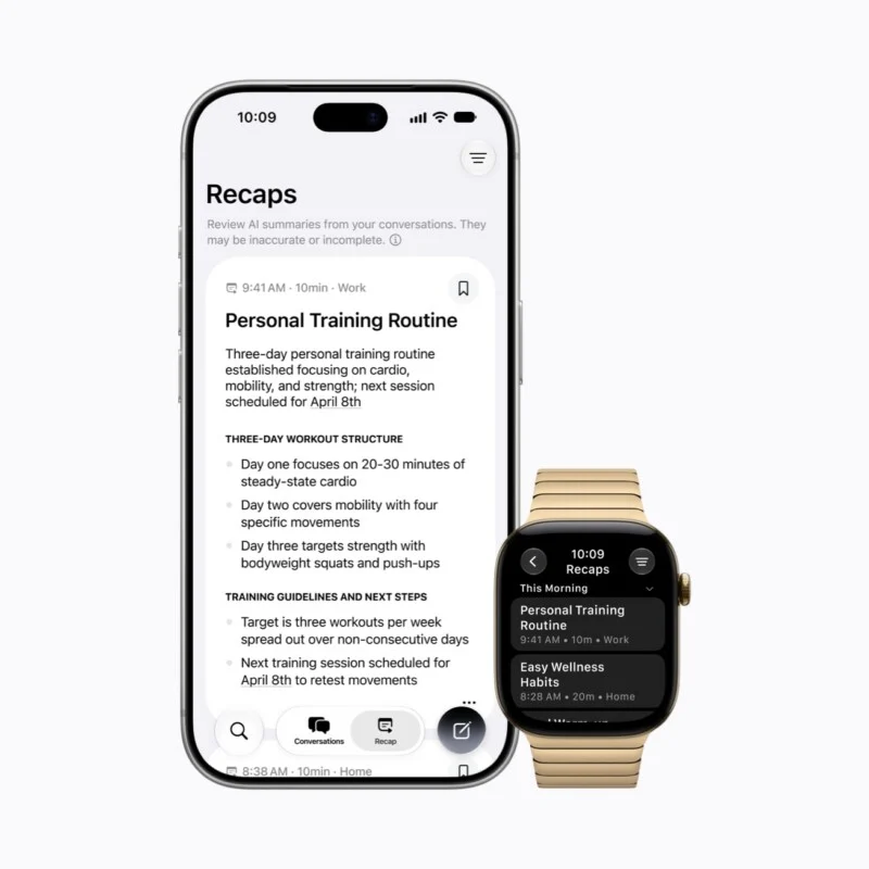 An iPhone and an Apple Watch displaying the Recaps app, which provides AI-generated summaries of past conversations.