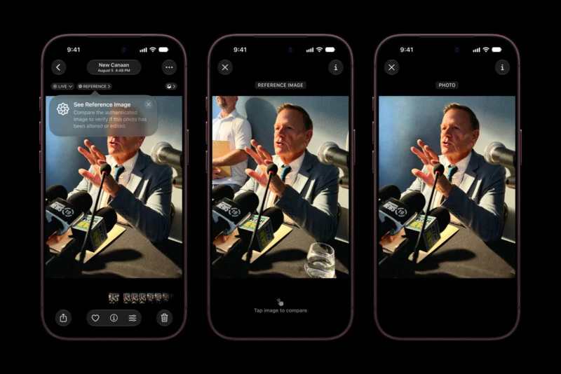 Three smartphone screens display a photo verification interface, showing a man speaking at a press conference with a reference image and a comparison tool.