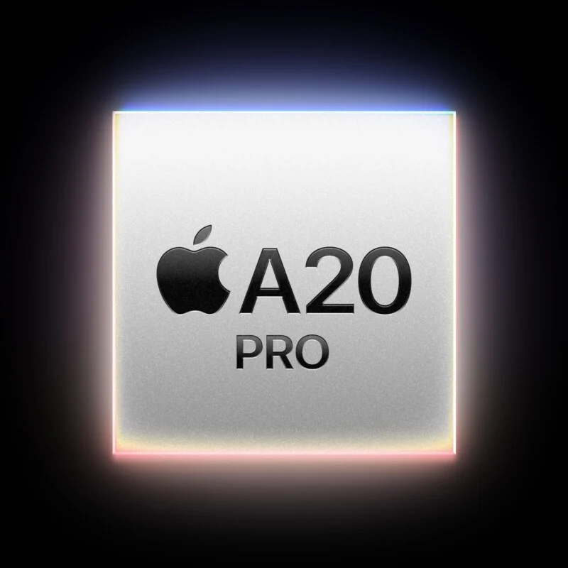 A square, metallic-textured chip icon featuring the Apple logo, the text "A20" and "PRO," glowing with a soft, colorful light.
