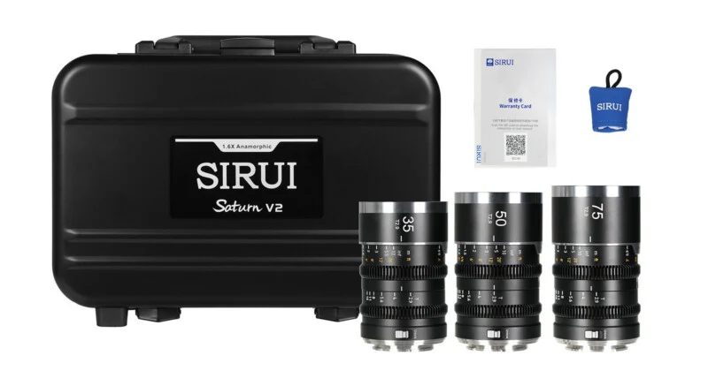A black Sirui Saturn V2 1.6X Anamorphic lens kit including a hard carrying case, three lenses (35mm, 50mm, 75mm), a warranty card, and a small blue lens pouch.