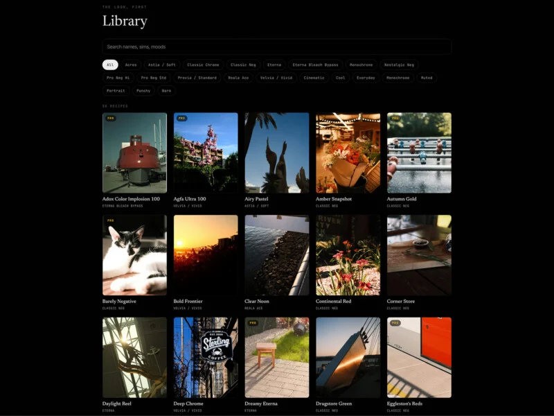 A grid of photography filter recipes displayed on a website, featuring thumbnail images with titles and film simulation labels.