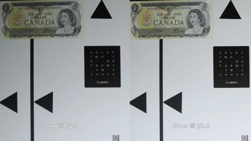A side-by-side comparison of two test charts showing a Canadian one-dollar bill and a grid of letters, labeled 20mm at f/2.8 and f/5.6.