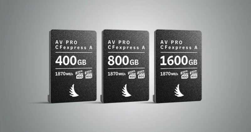 Three AV PRO CFexpress A memory cards with capacities of 400GB, 800GB, and 1600GB arranged side-by-side on a gray background.