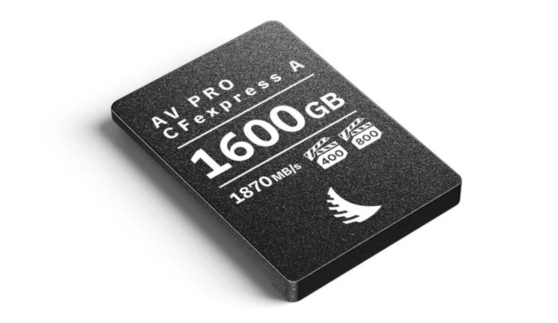 An Angelbird AV PRO CFexpress Type A memory card with 1600GB capacity, 1870MB/s speed, and VPG 400 and 800 ratings.
