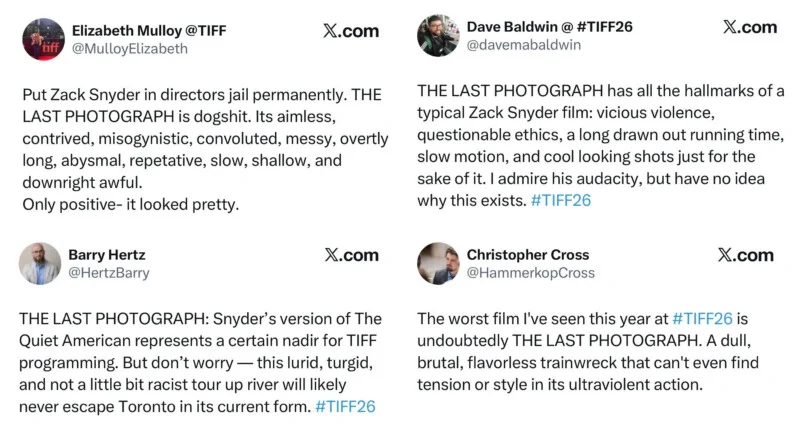 A grid of four social media posts from X.com criticizing a film titled The Last Photograph at the TIFF26 film festival.
