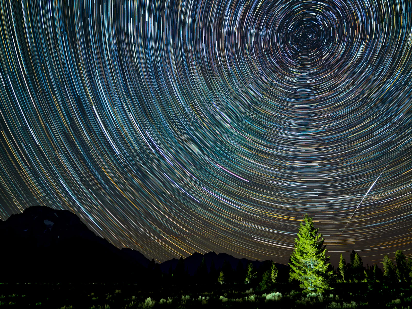 A long-exposure night sky photograph shows circular star trails rotating around the North Star above a dark mountain silhouette and a single illuminated tree.