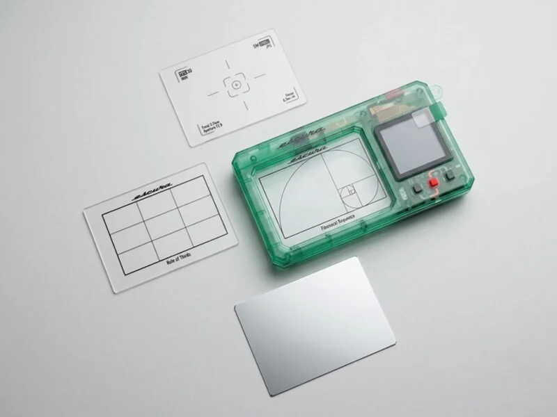 A green translucent digital camera sits on a white surface next to three rectangular overlays featuring a grid, a target, and a Fibonacci spiral.