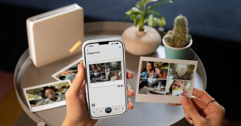 A person holds a smartphone displaying a collage print app interface next to a printed instant photo showing the same four-image collage, with a printer and plants on a table in the background.