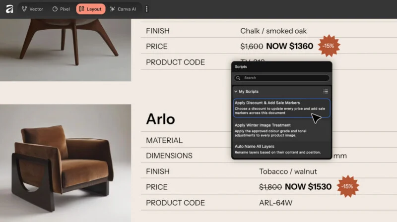 A design software interface displays a product catalog with two furniture items, a price list, and an open "Scripts" menu highlighting an "Apply Discount & Add Sale Markers" option.