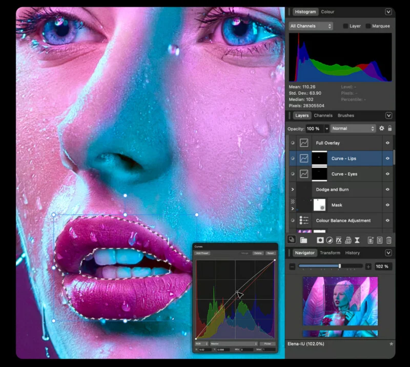 A close-up portrait of a woman with vibrant pink and blue lighting, shown within a digital photo editing interface with layers and a curves adjustment panel visible.