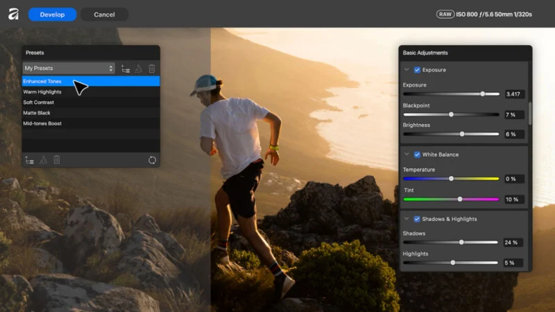 A photo editing interface displays a runner on a rocky hillside with a "Presets" menu on the left and "Basic Adjustments" sliders on the right.