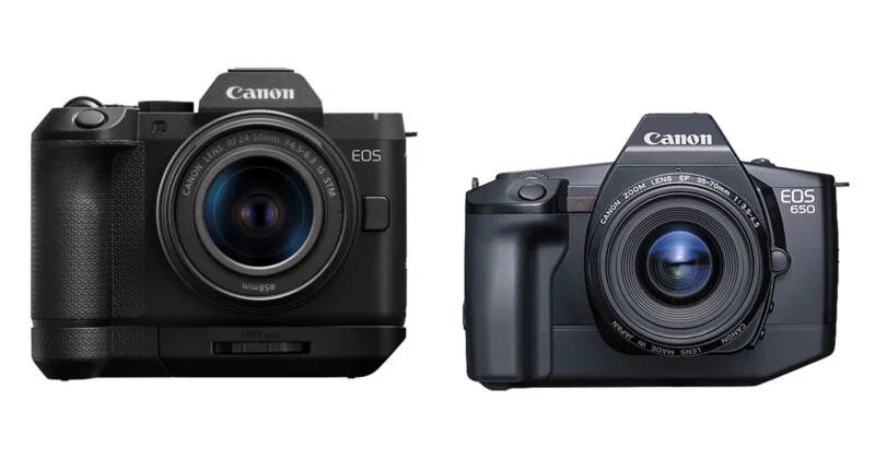 Twee Canon EOS-camera’s naast elkaar, een moderne spiegelloze model links en een vintage film-SLR rechts.