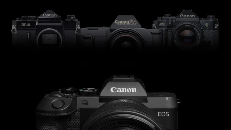 A composite image showing three vintage Canon film cameras at the top and a modern Canon EOS mirrorless camera at the bottom against a black background.