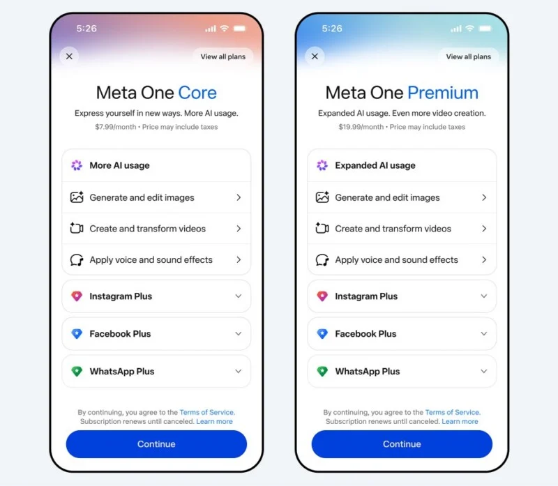 Two side-by-side smartphone screens showing subscription plan options for Meta One Core at $7.99/month and Meta One Premium at $19.99/month.