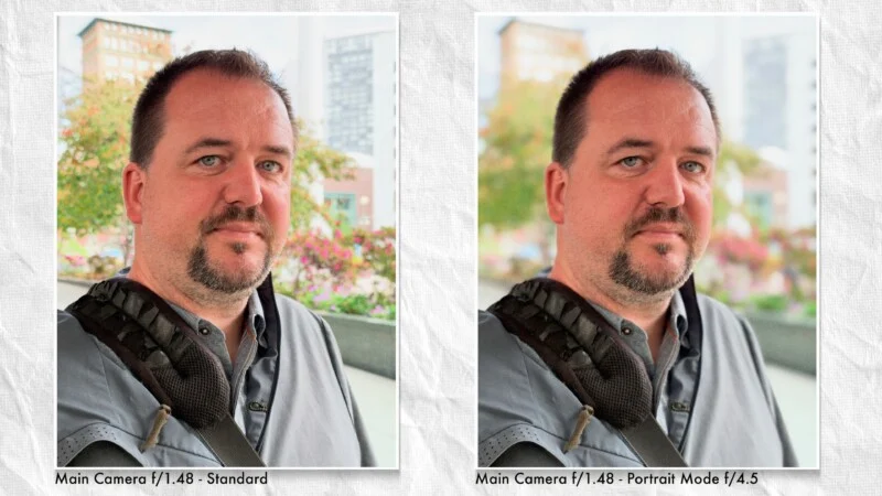Een zij-aan-zij vergelijking van een mannelijke portret, met het verschil tussen standaardmodus en portretmodus met een vervaarde achtergrond.