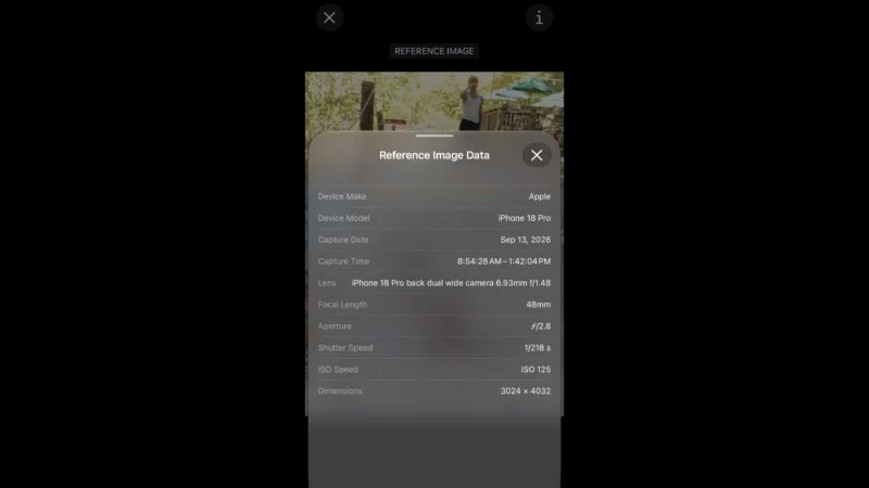 Een pop-up venster getiteld Reference Image Data toont technische cam-instellingen voor een foto, inclusief apparaatsmodel, datum, tijd, lens, brandpuntsafstand, diafragma, sluitertijd, ISO en afmetingen.