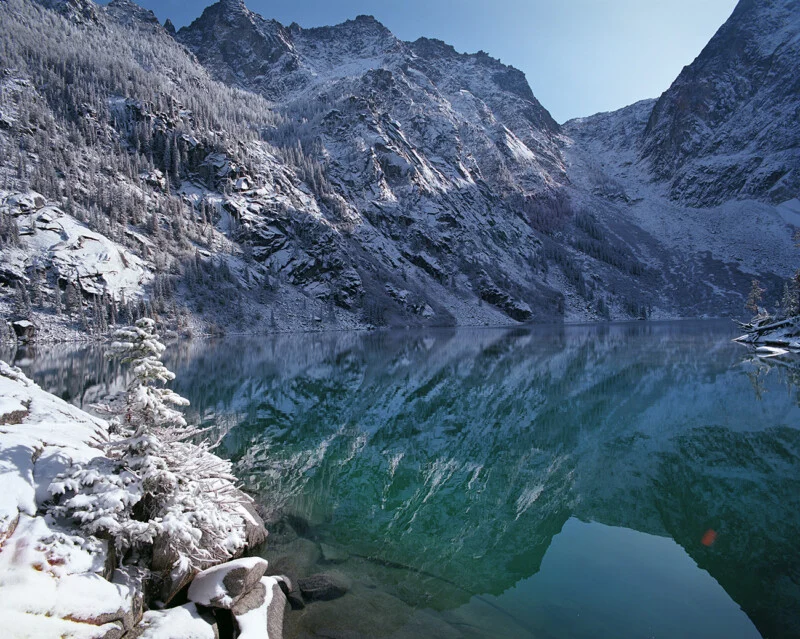 A snow-covered mountain range reflects into the calm, turquoise water of an alpine lake, with a small, frosted evergreen in the foreground.