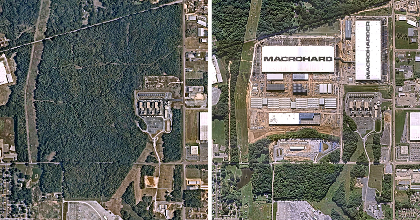 Voor- en na-foto's laten zien hoe datacenters in de VS als paddenstoelen uit de grond schieten