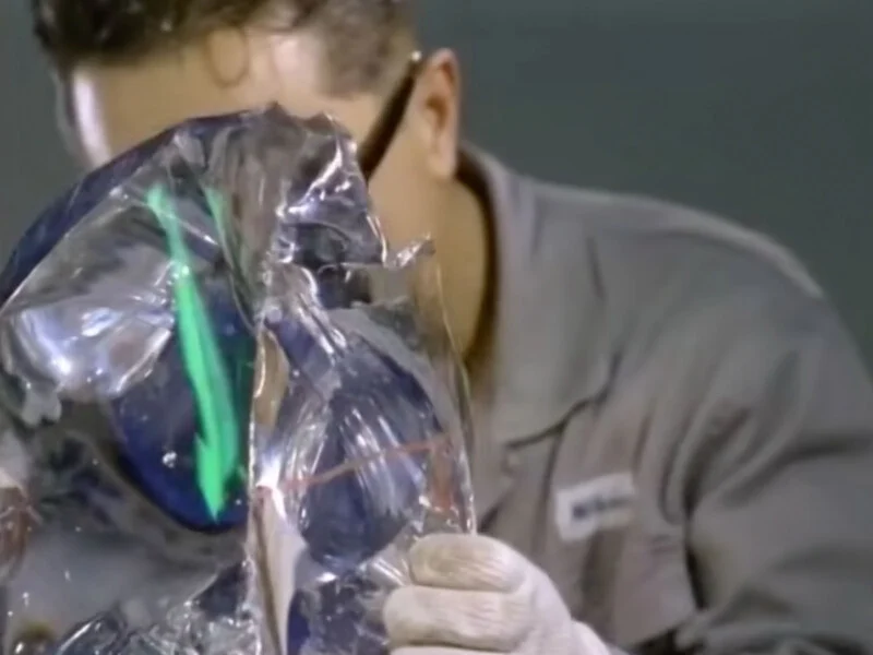A person wearing a grey uniform and white gloves examines a large, clear block of ice containing a glowing green object.
