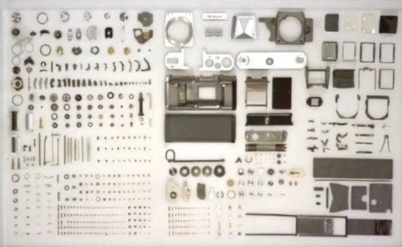A disassembled camera is laid out in organized rows and columns of individual parts on a white surface.