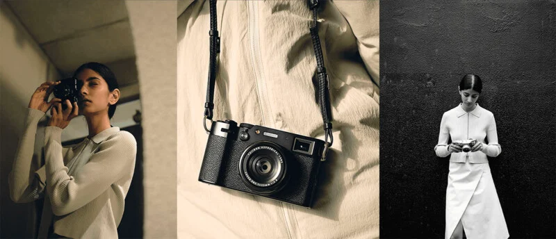 A triptych showing a woman in a light-colored top holding a camera, a close-up of a black camera hanging from a strap, and the same woman standing against a dark wall holding the camera.