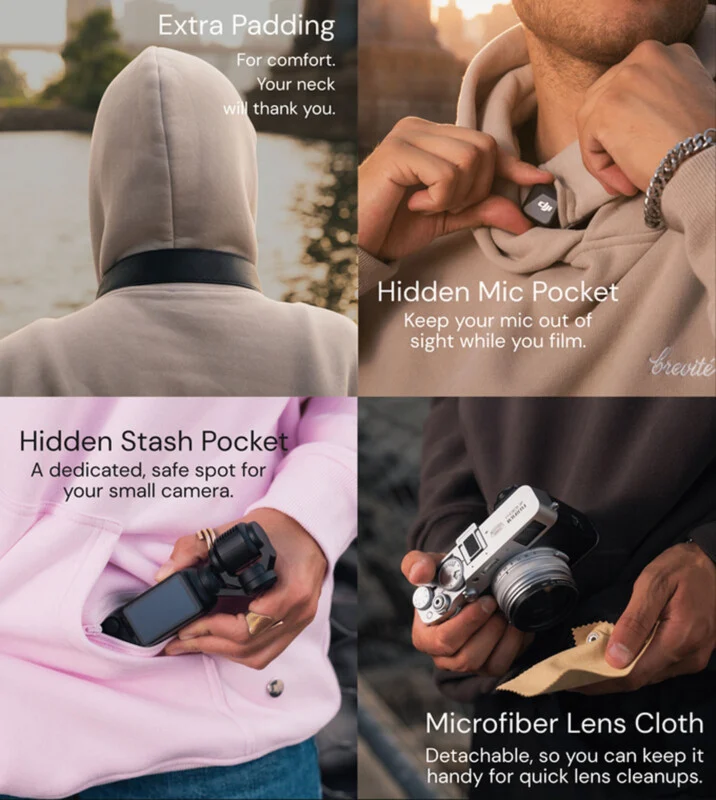 A four-panel collage showing a person wearing a hoodie with extra neck padding, a hidden microphone pocket, a stash pocket for a small camera, and a detachable microfiber lens cloth.