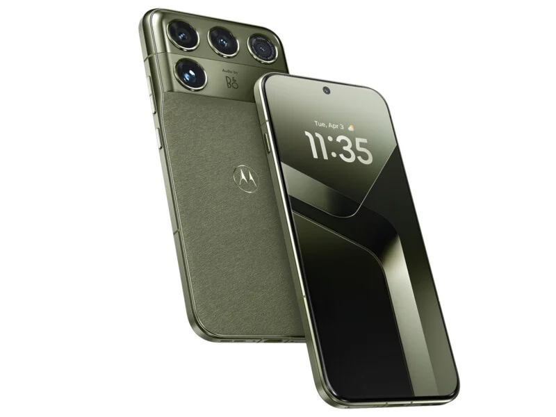 Two olive green smartphones are angled against a white background, one showing the textured back panel with a triple-camera array and the other displaying the front screen with a digital clock reading 11:35.