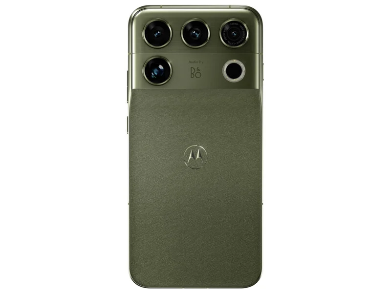 A green smartphone with a textured back, a Motorola logo in the center, and a horizontal camera module at the top featuring four lenses and "Audio by B&O" branding.
