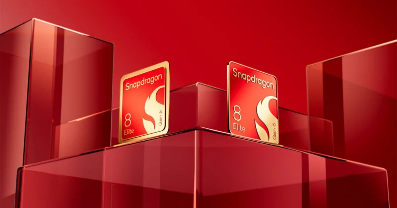 Two rectangular Snapdragon 8 Elite Gen 6 branded cards stand upright on top of translucent red glass blocks against a matching red background.