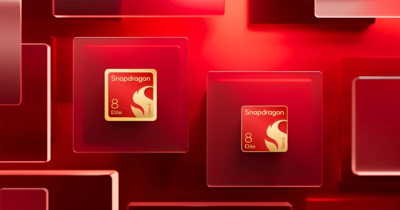 Two gold-colored Snapdragon 8 Elite processor icons are centered on red, translucent, layered square blocks against a red background.
