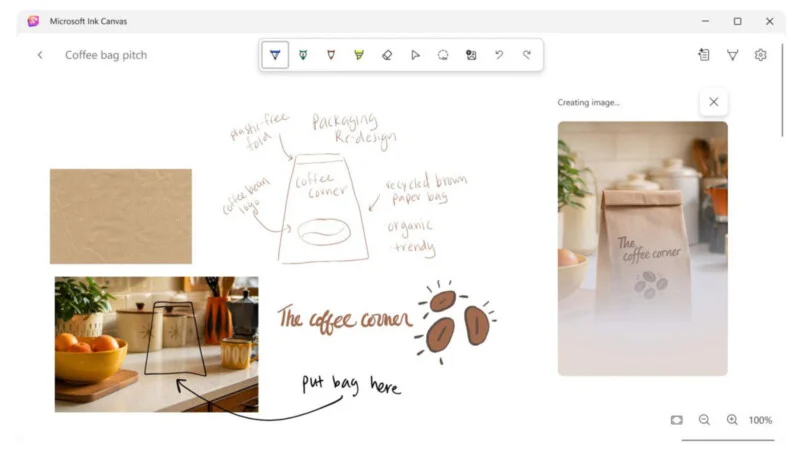 A Microsoft Ink Canvas window displays a coffee bag design project with sketches, handwritten notes, and a generated image of a brown paper coffee bag on a kitchen counter.