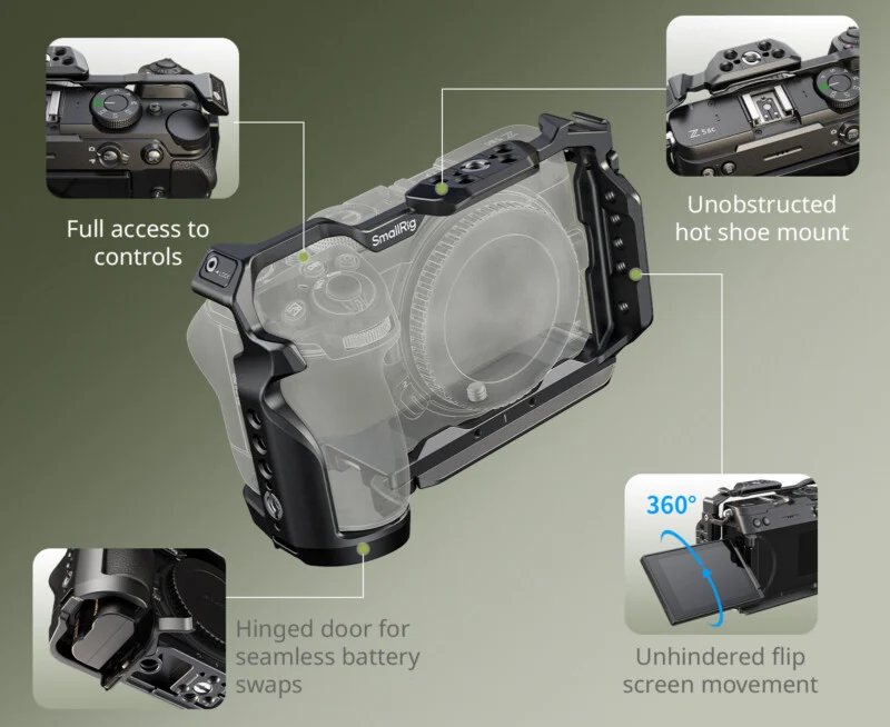 A camera cage is shown with four callouts highlighting its features: full access to controls, an unobstructed hot shoe, a hinged battery door, and unhindered flip screen movement.