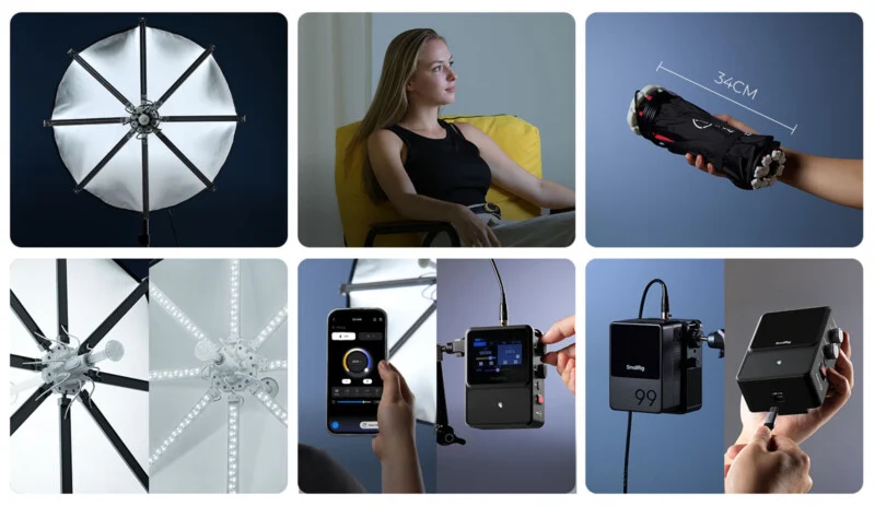 A collage showing a portable LED umbrella light, a person being illuminated by it, its folded size, internal LED strips, a smartphone app controller, and a battery power unit.