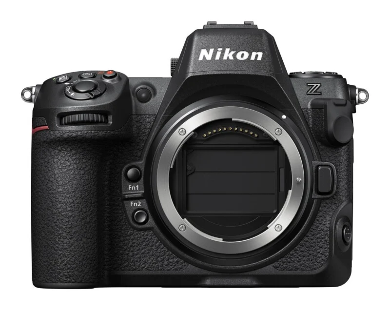 A front-facing Nikon Z mirrorless camera body with a lens mount, function buttons, and a shutter mechanism visible inside the mount.