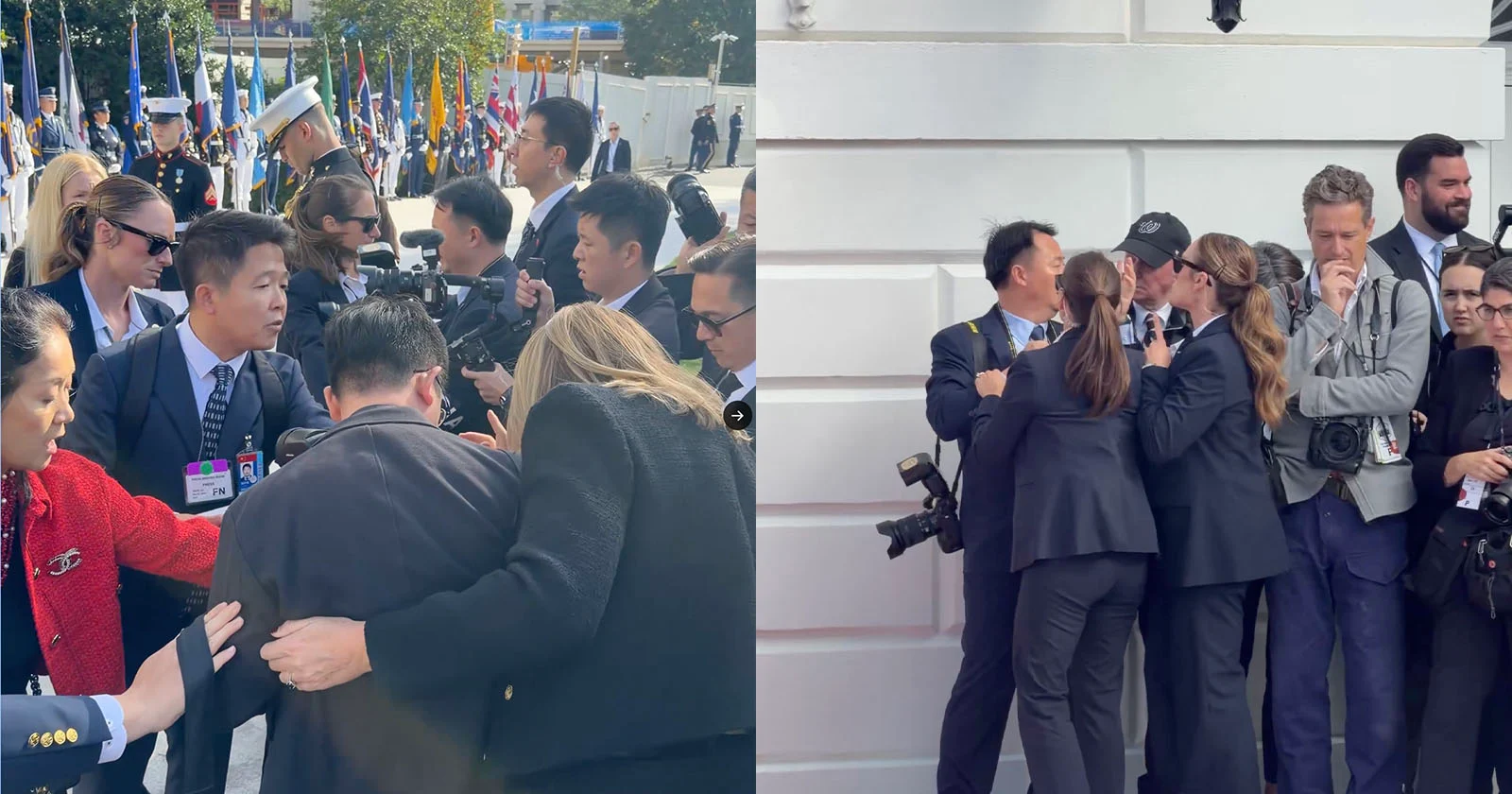 Chinese en Amerikaanse fotografen botsen terwijl ze wachten op de aankomst van Trump en Xi bij het Witte Huis