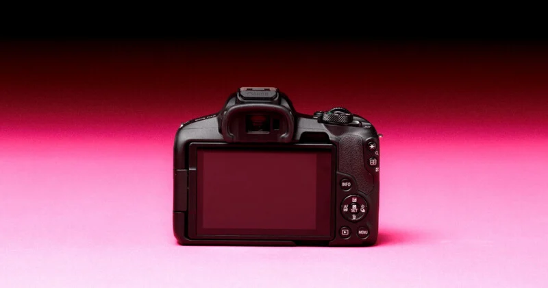 A black Canon EOS R50 mirrorless camera sits centered against a gradient background transitioning from dark red at the top to bright pink at the bottom.