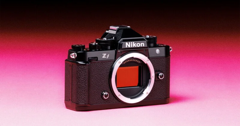 A black Nikon Zf mirrorless camera body sits centered against a gradient background transitioning from dark red at the top to bright pink at the bottom.