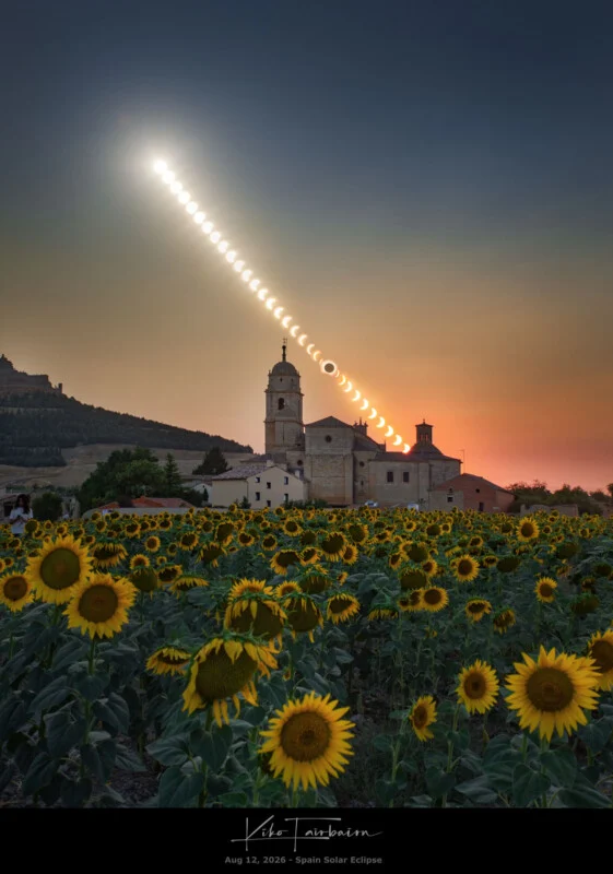 A composite image shows a solar eclipse progressing in a diagonal arc over a stone church and a field of sunflowers at sunset.