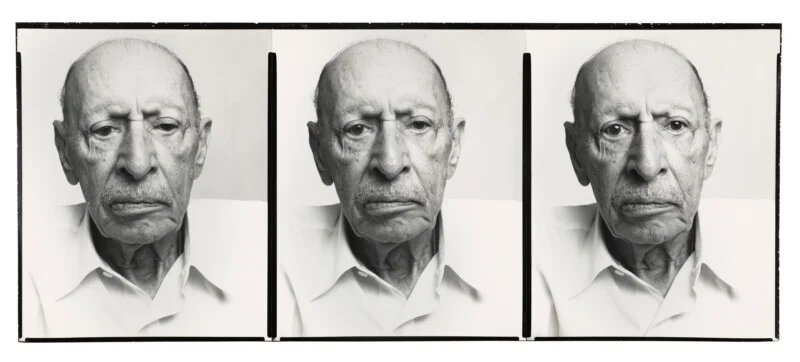 A triptych of black-and-white portraits showing the same elderly man with a mustache, wearing a white collared shirt.