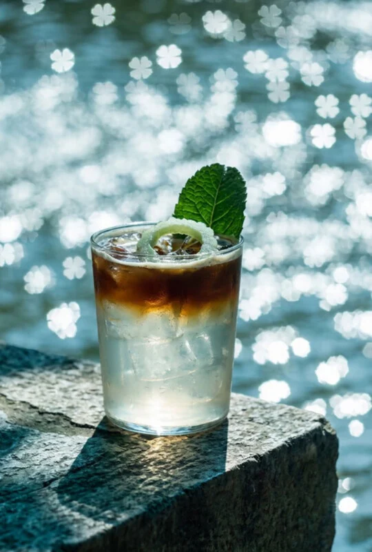 A glass of iced coffee with a clear liquid base, garnished with a mint leaf and a slice of cucumber, sits on a stone ledge.