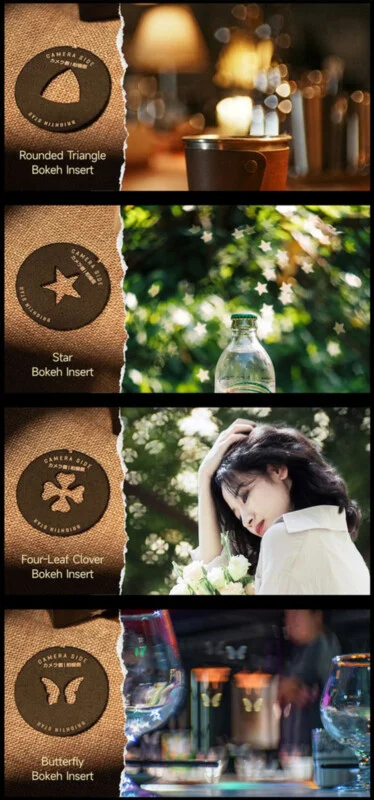 A composite image showing four different shaped bokeh inserts and the corresponding effect they create on out-of-focus light points.