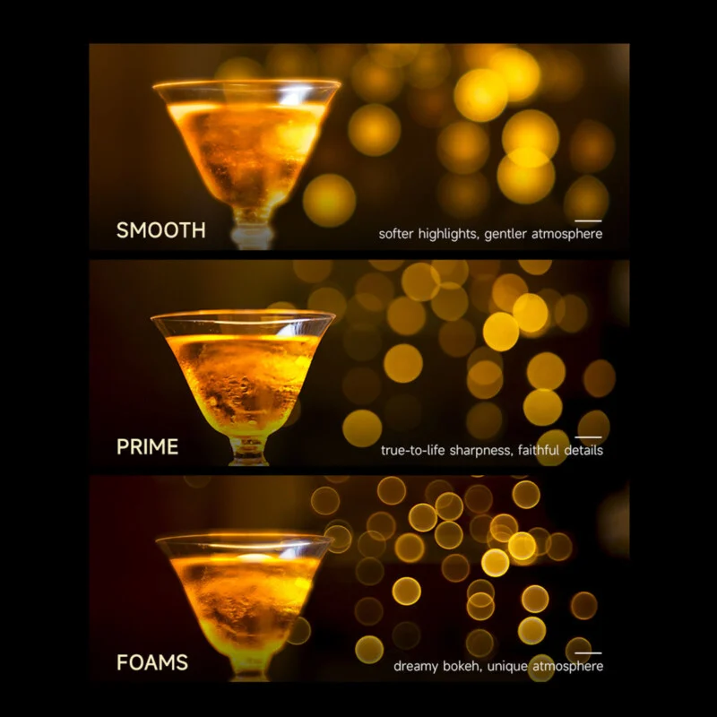 A comparison graphic showing three styles of bokeh effects—Smooth, Prime, and Foams—each illustrated with a cocktail glass and varying light blur patterns.