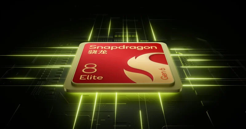 A red and gold Snapdragon 8 Elite processor chip sits on a dark circuit board background with glowing green light streaks.