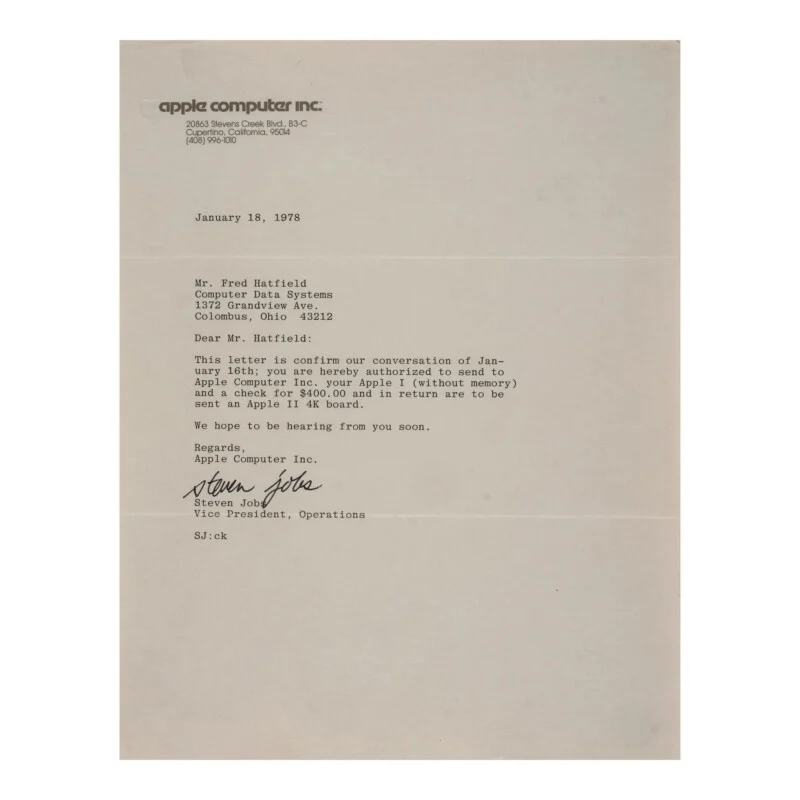A typed letter on Apple Computer Inc. letterhead dated January 18, 1978, signed by Steven Jobs, authorizing an exchange of an Apple I for an Apple II 4K board.
